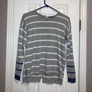 Horizontal Grey and Blue Striped Sweater, Size Medium